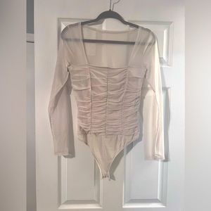 Abercrombie & Fitch Womens Beige Ruched Long Sleeve Mesh Bodysuit Top Size Small